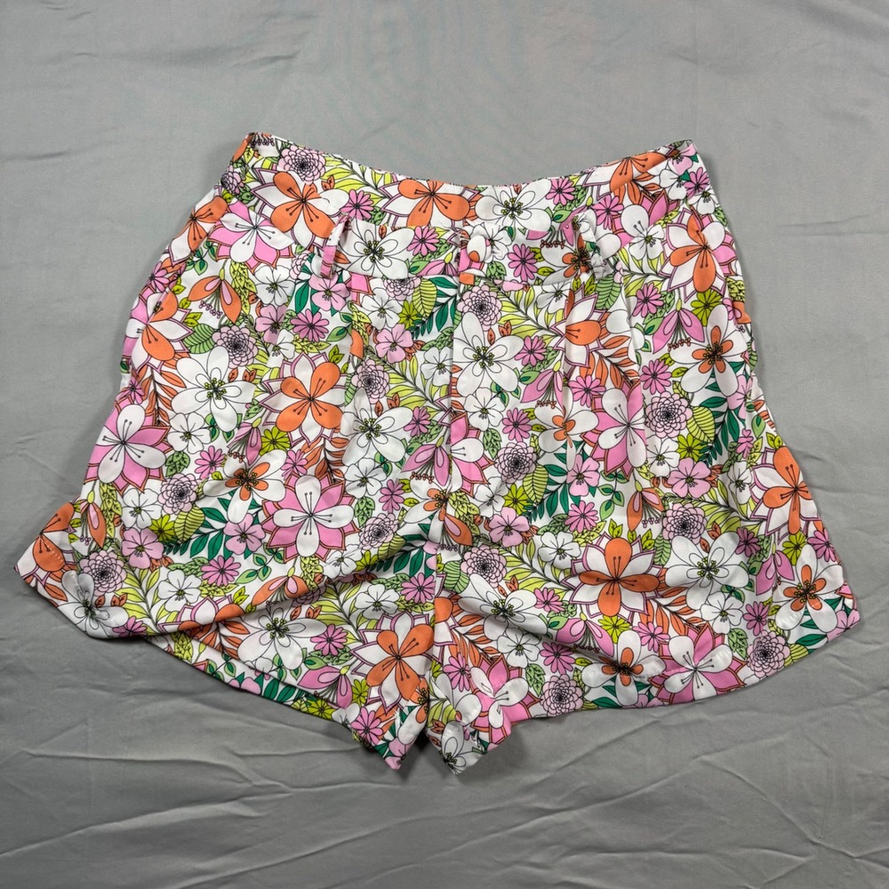 CeCe Floral High Rise Pleated Shorts Women's Sz 10 Colorful Lined Festival Boho